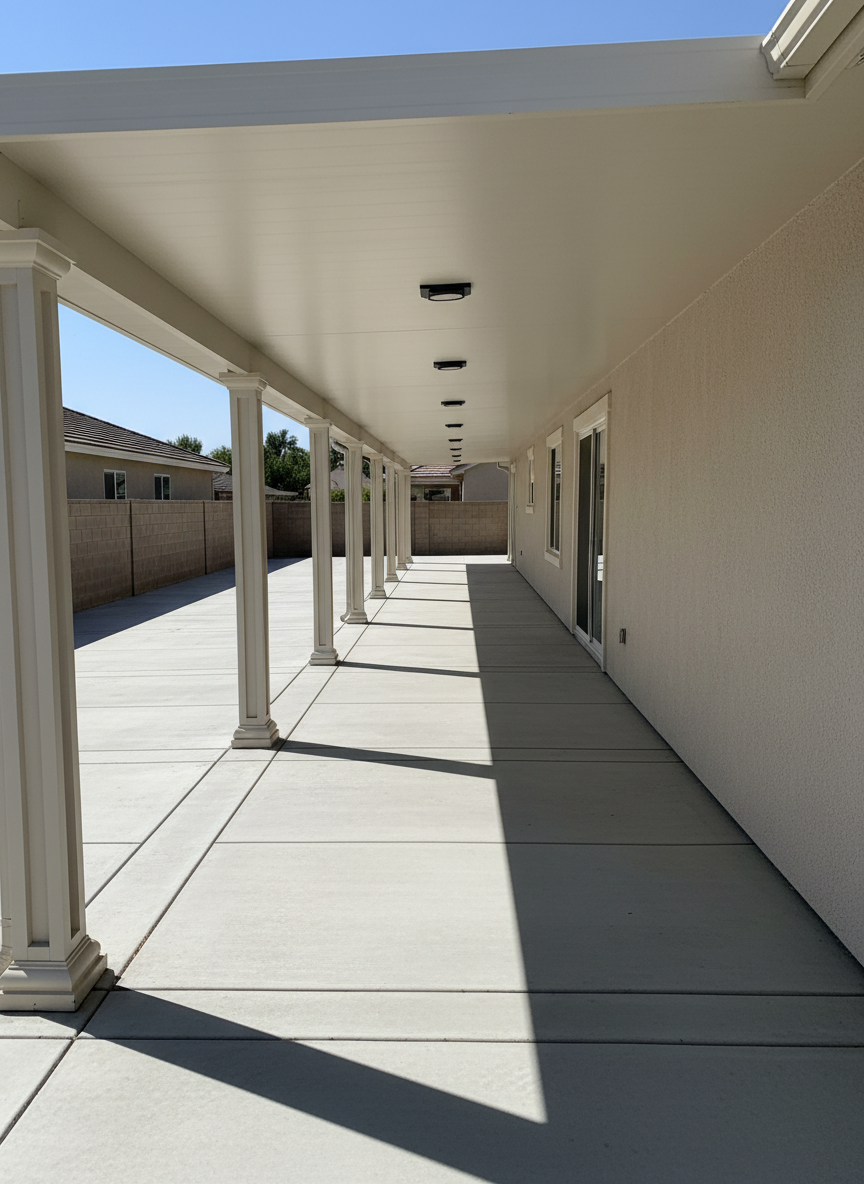 A long, covered side patio showcasing a solid-roof Duralum cover that runs the full length of a single-story home, supported by square, fluted columns with decorative base and cap. The ceiling features integrated LED recessed lighting fixtures, all turned off in bright, natural late-morning light. The concrete floor is smooth and light gray, with a subtle expansion joint grid pattern. The cover’s fascia trim is perfectly straight, with built-in gutter clearly visible along the outer edge. Shot in photographic realism from one end of the patio looking down its length, using strong linear perspective to accentuate depth and precision alignment. The mood is orderly, practical, and professional, ideal for highlighting continuous coverage and weather protection.
