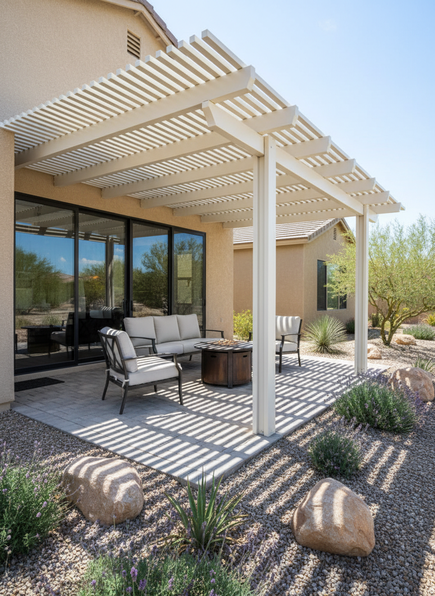 An elegant Four Seasons lattice-style patio cover extending over a compact paver patio, featuring finely spaced, white aluminum slats that cast a crisp, patterned shadow across the ground. The cover is attached to a tan stucco home with contrasting dark-framed sliding doors, and surrounded by low-maintenance desert landscaping with gravel, boulders, and drought-tolerant plants. Bright but slightly softened midday sunlight creates defined yet gentle shadows through the lattice, emphasizing texture without harsh contrast. Captured from a slightly elevated angle, using the rule of thirds to balance structure and landscape. Photographic realism with a clean, contemporary feel, conveying a comfortable, shaded retreat that still lets in natural light and airflow.