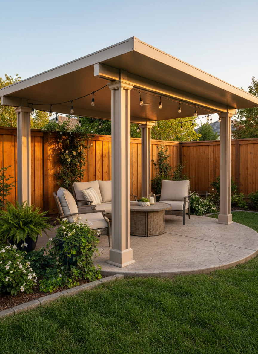 A cozy corner backyard setup with a freestanding aluminum patio cover in a soft clay color, sheltering a compact outdoor seating area on a lightly textured stamped concrete pad. The cover’s beams and posts have a refined, decorative profile, while the roof panels are smooth and solid, providing full shade. Early evening golden-hour light bathes the surrounding fence, plants, and open yard, while the area under the cover remains comfortably shaded with gentle, diffuse reflections on the aluminum surfaces. Photographic realism, eye-level composition with slight three-quarter angle to showcase both interior and exterior of the structure. The mood is warm, inviting, and secure, emphasizing comfort and added usable outdoor space.