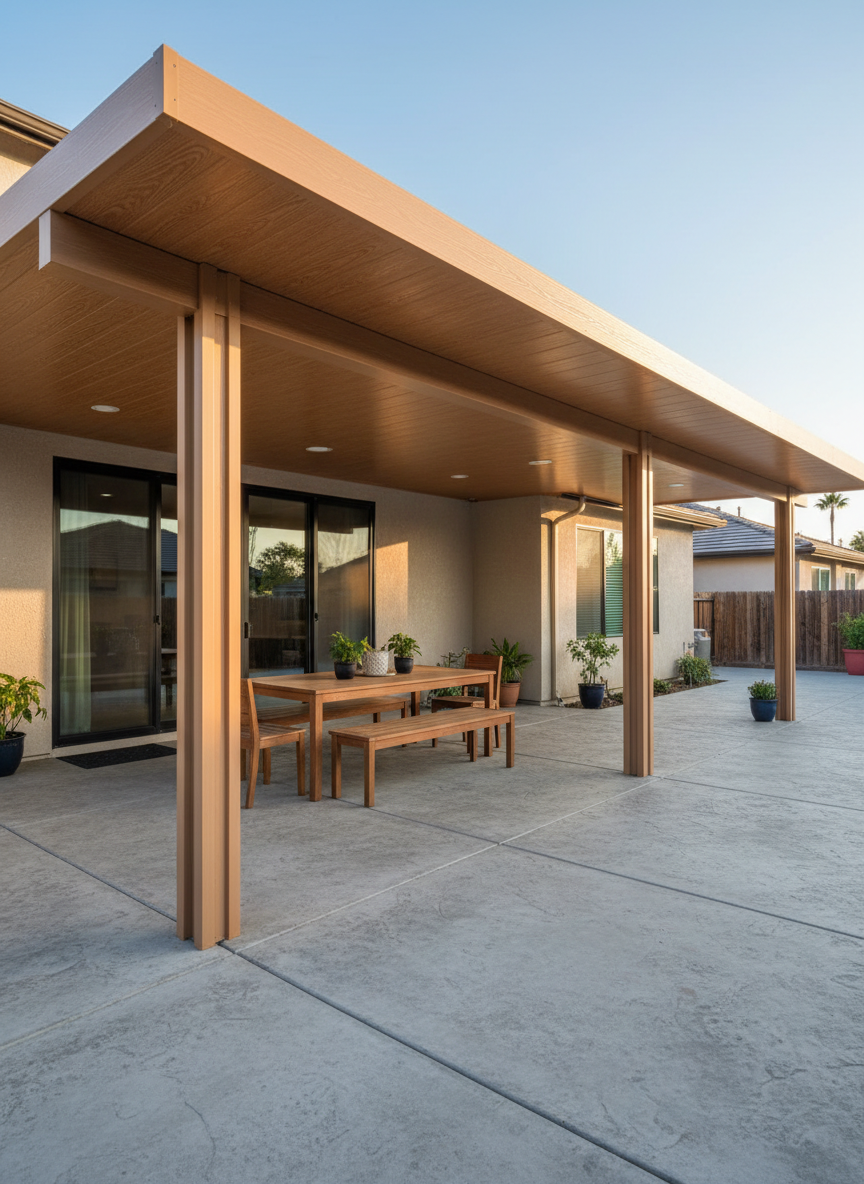 A spacious suburban backyard transformed by a sleek aluminum patio cover in a warm sandstone finish, with embossed wood-grain texture on the beams and ceiling panels. The structure extends seamlessly from a modern stucco home, sheltering a neatly arranged outdoor dining area on a stamped concrete slab in light gray. Late afternoon natural light filters in from the open sides, creating soft, elongated shadows from the support posts and subtle highlights on the textured rafters. Photographic realism, eye-level composition with a slight wide-angle lens, sharp focus throughout, emphasizing clean lines and craftsmanship. The atmosphere feels calm, organized, and highly functional, presenting a professional, long-lasting outdoor living solution with a clean and modern aesthetic.