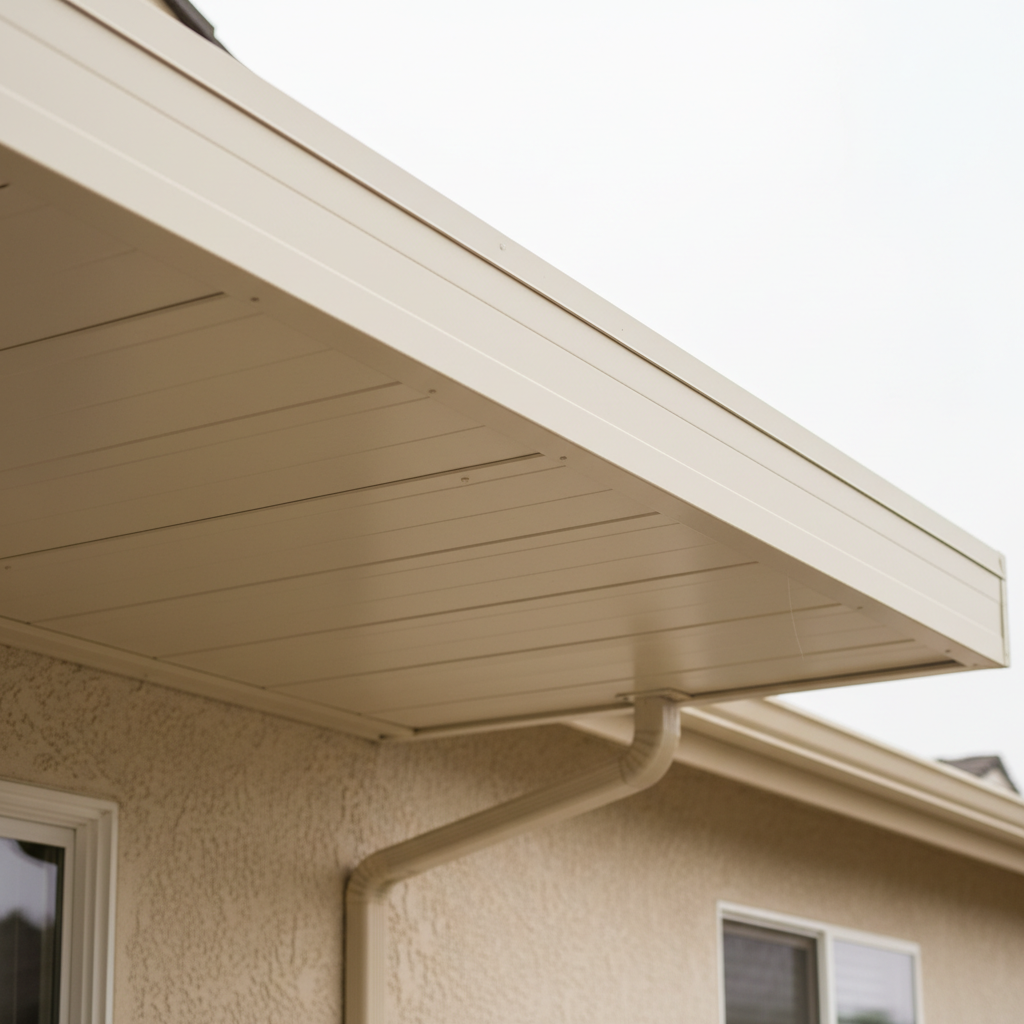 A detailed close-up of a Duralum insulated patio cover roof panel, revealing the smooth, powder-coated aluminum exterior in a soft beige tone and the crisp, clean seams between panels. The underside shows subtle v-groove detailing and a built-in gutter channel, with downspout tucked neatly against a stucco wall. Diffused overcast daylight illuminates the surfaces evenly, reducing glare and highlighting the precision of joints and fasteners. Shot from a low, upward angle, the composition focuses on the structural integrity and finish quality, with the house exterior softly blurred in the background. Photographic realism, professional and technical mood, ideal for showcasing material quality and long-term durability of the installation.