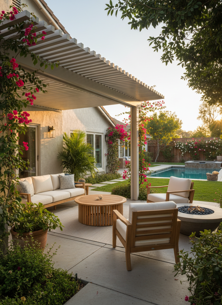Bright, sunny, full-color stock photo of a beautiful residential backyard with a modern Duralum-style patio cover, warm golden hour lighting, vivid greenery, and an inviting outdoor seating area, no people