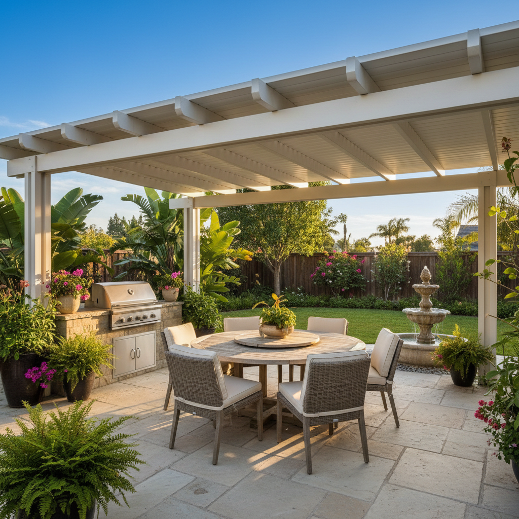 Bright, sunny, full-color stock photo of a stylish backyard scene featuring a Duralum or Four Seasons patio cover over an outdoor dining area, warm afternoon light, lush plants, and blue sky, no people