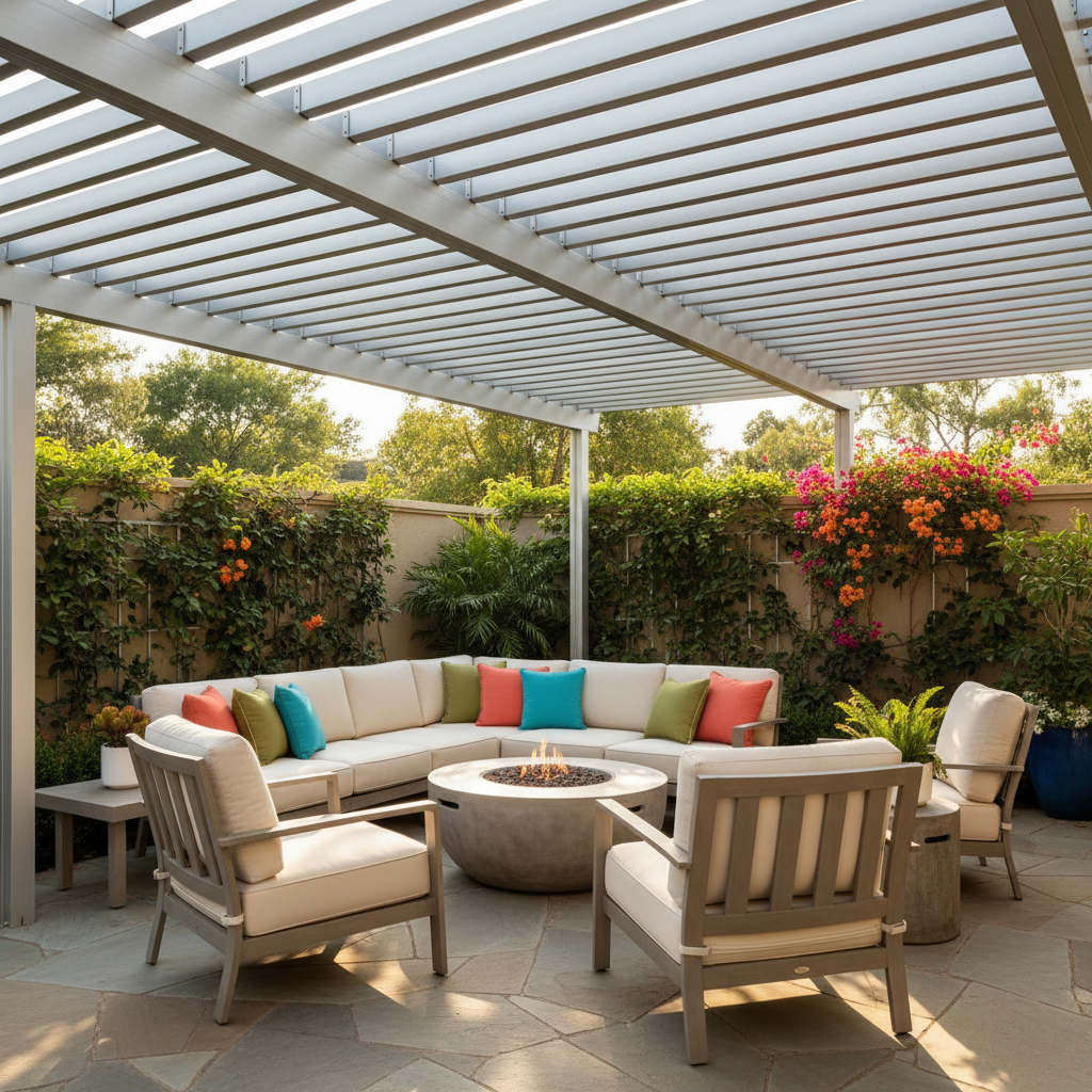 Bright, sunny, full-color stock photo close-up of a modern aluminum patio cover casting shade over an outdoor lounge area with patio furniture, warm sunlight and greenery, no people