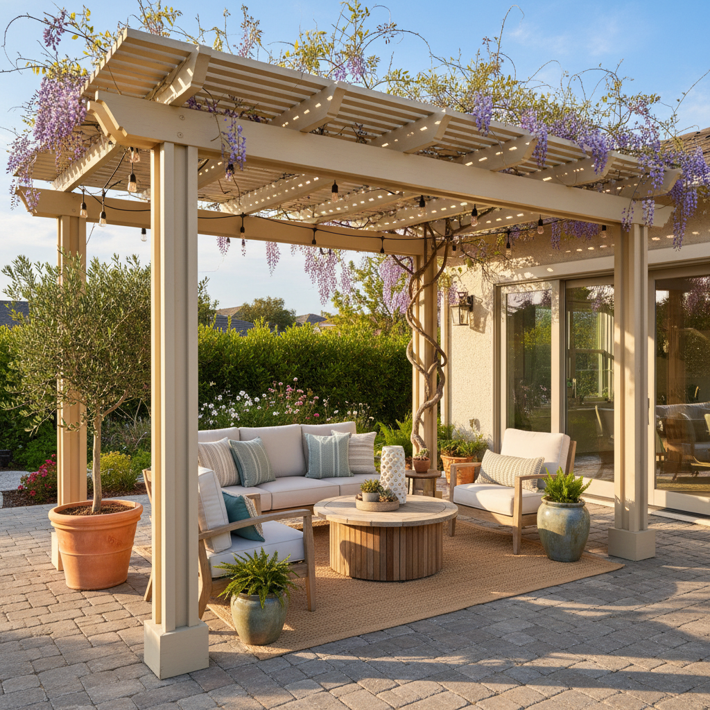 Bright, sunny, full-color stock photo of a completed patio cover project showing a cozy outdoor seating nook with shade structure, string lights, plants, and late afternoon sunlight, no people