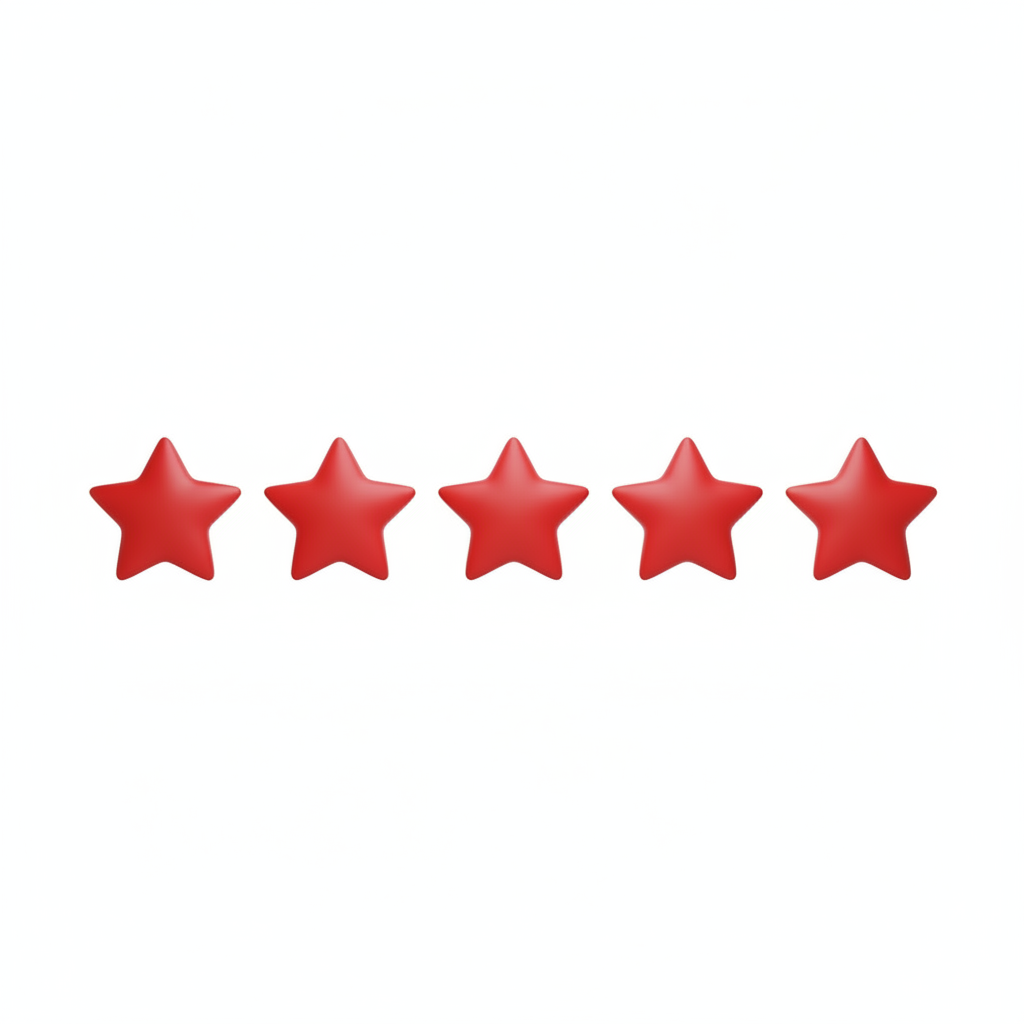 A simple, clean row of five vivid red rating stars in a straight horizontal line on a pure solid white background, centered in the frame with no text or extra graphics, suitable as a testimonial avatar icon. Photorealistic vector-style rendering, sharp edges, high contrast between the red stars and the white background.