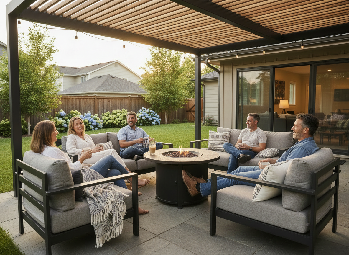 A realistic lifestyle photo of a family relaxing together under a stylish aluminum patio cover in a sunny Sacramento backyard, with comfortable outdoor seating, soft warm lighting, and a clean, well-kept yard visible beyond the cover, emphasizing comfort, shade, and everyday enjoyment.